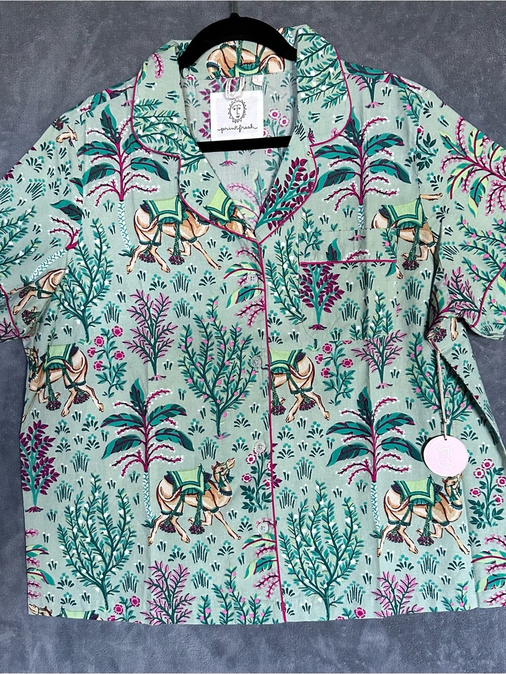 Printfresh Mint Green Camel & Botanical Print Short Sleeve Pajama Top size Large